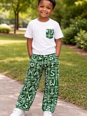 Two-piece Unisex Kids Green Letter-African Print